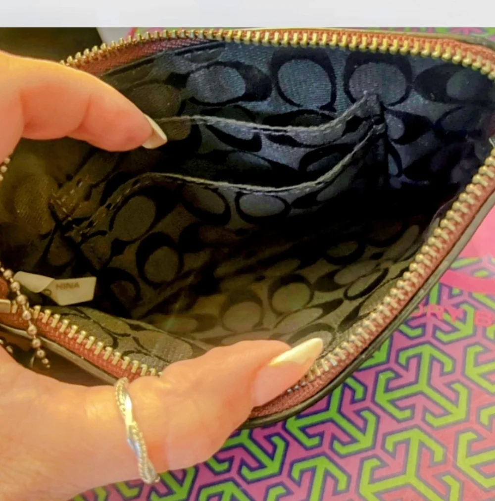 Coach Brown Leather Wristlet Zip Pouch Grommet Stud Detail Strap - Picture 3 of 5